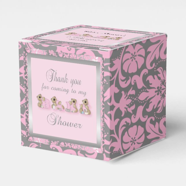 Caja Para Regalos Osos Teddy de Damasco rosa y plata | BABY SHOWER (Costado Anverso)