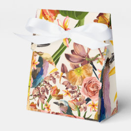 Caja Para Regalos Pájaro, flores primaverales naranjas, ilustracion 