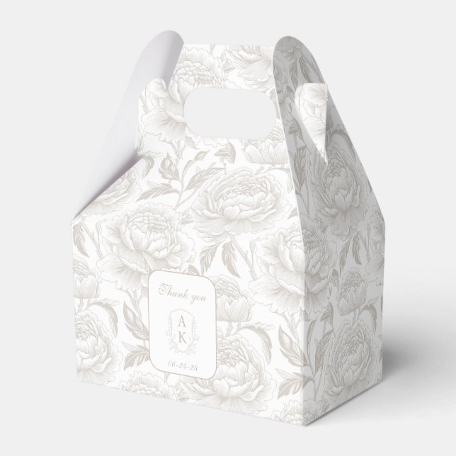 Caja Para Regalos Pale Taupe Monogram Escudo Chinoiserie Peonies (Front Side)