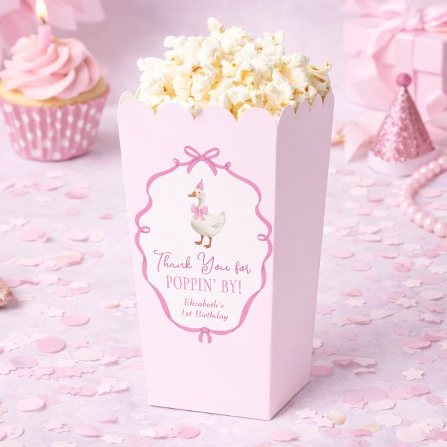 Caja Para Regalos Palomitas de cumpleaños número uno de Ganso Tonto  (One Silly Goose Pink Bow First Birthday Popcorn Favor Boxes)
