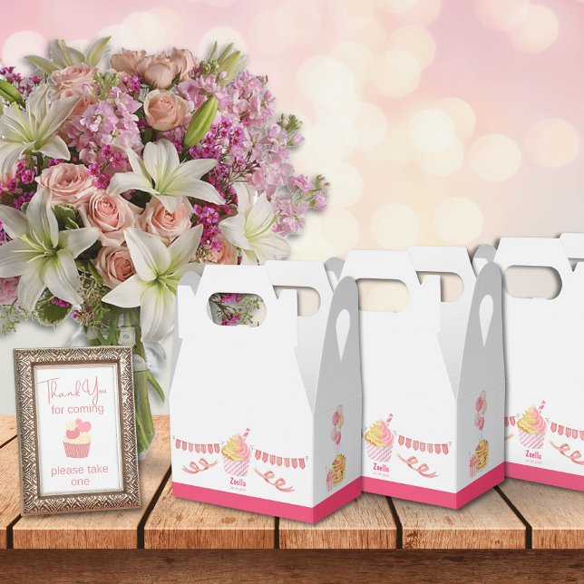 Caja Para Regalos Pastel de tarta dulce amarillo rosado Acuarela (Pink Yellow Birthday Party Favor Box)