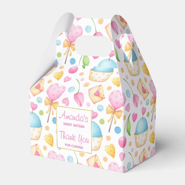 Caja Para Regalos Patrón acuarela Corazones y pasteles Cumpleaños (Front Side)