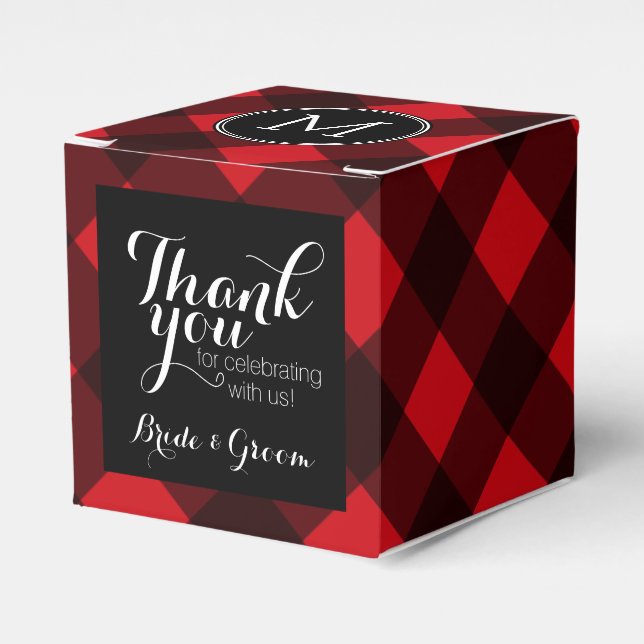 Caja Para Regalos Patrón de Cuadro Negro Rojo Rústico Monograma (Costado Anverso)