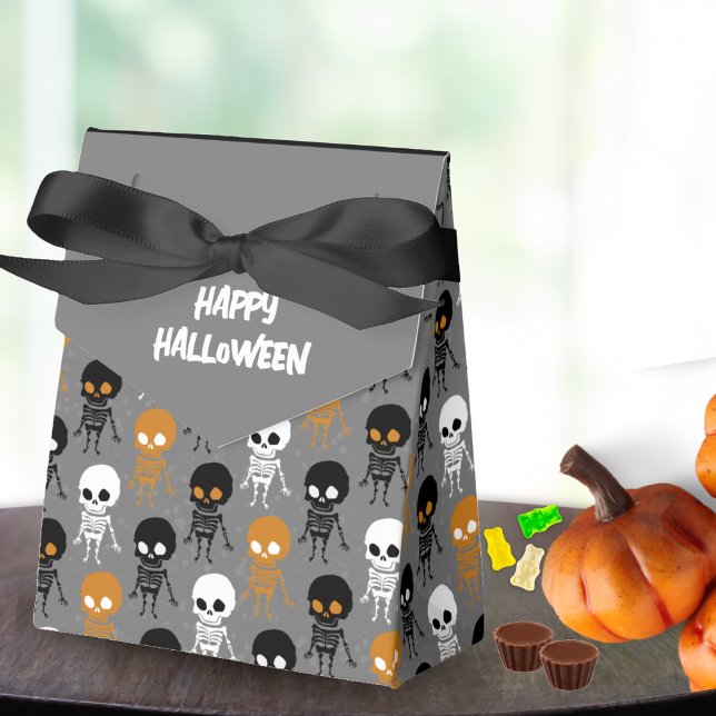 Caja Para Regalos Patrón de esqueleto de Naranja blanco negro de Hal (mini skeleton pattern grey happy Halloween party favor box)