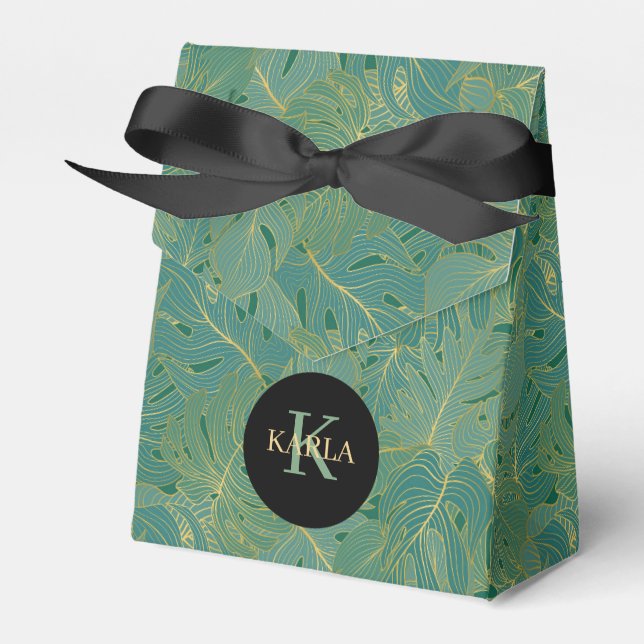 Caja Para Regalos Patrón de hojas de palma verdes y doradas (Front Side)