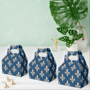 Caja Para Regalos Patrón Fleur de Lis, francés real, crema en azul
