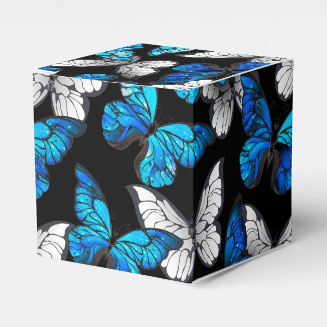 Caja Para Regalos Patrón oscuro sin foco con mariposas azules morfo (Costado Anverso)