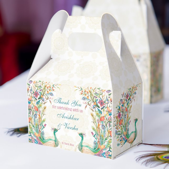 Caja Para Regalos pavo real de cereal verde azul verde azulado (Teal blue green cerise floral peacock favor box)
