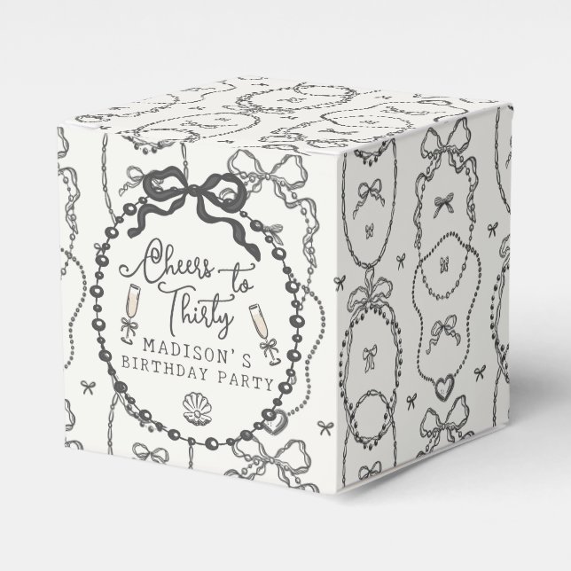 Caja Para Regalos Pearls y Prosecco Black Coquette Bow Cumpleaños (Costado Anverso)