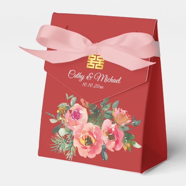 Caja Para Regalos Peony floral doble felicidad boda chino rojo (Front Side)