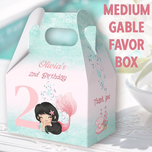 Caja Para Regalos Pequeña sirena suave pelo oscuro rosa medio gable (Mermaid Medium Gable Favor Boxes -  You can choose from 3 sizes of these gable favor boxes)