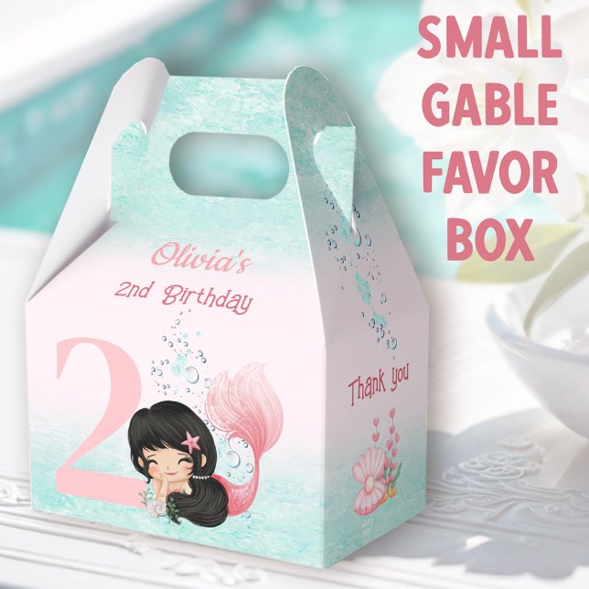 Caja Para Regalos Pequeña sirena suave pelo oscuro rosado pequeño ga (Mermaid Small Gable Favor Boxes - You can choose from 3 sizes of these gable favor boxes)