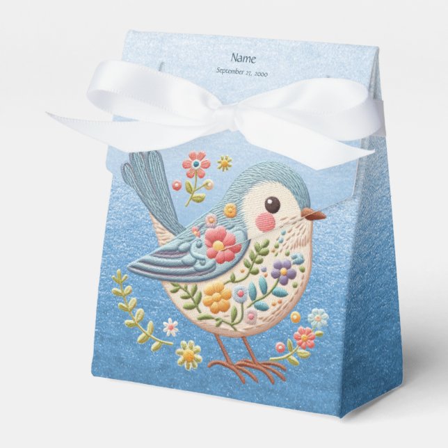 Caja Para Regalos Pequeño Bird Floral Embroidery Blue FavBox (Front Side)