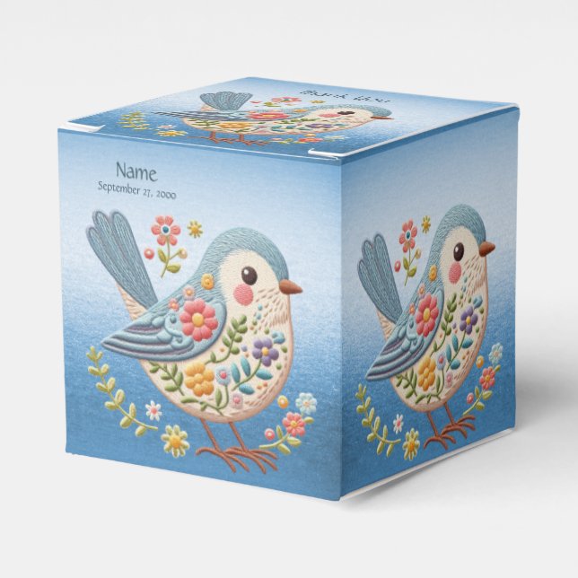 Caja Para Regalos Pequeño Bird Floral Embroidery Blue FavBox (Costado Anverso)