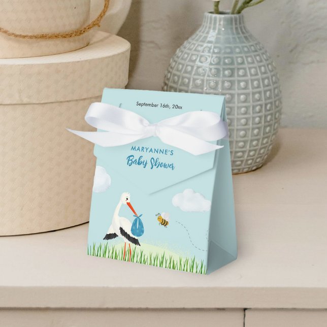 Caja Para Regalos Personalizado Baby Shower de Sky Blue Stork (Blue stork custom favour box for boy baby shower with bees, clouds and butterflies)