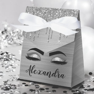 Caja Para Regalos Pestañas con Brillo de Purpurina de Plata con Nomb