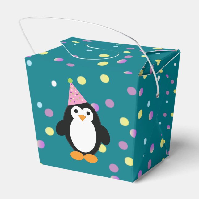 Caja Para Regalos Pingüino Fiesta con fondo de confeti redondo (Reverso)