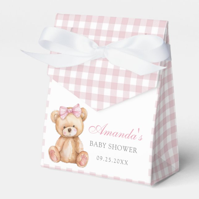 Caja Para Regalos Pink Bow Gingham Teddy Bear Baby Shower (Front Side)