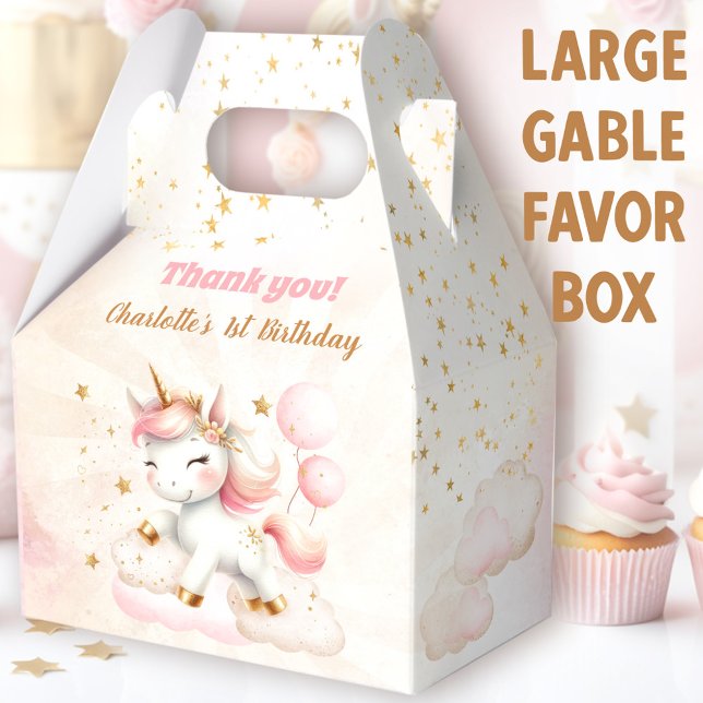 Caja Para Regalos Pink Cute Happy Unicorn Chica de cumpleaños grande (Cute Unicorn Large Gable Favor Boxes - You can choose from 3 sizes of these gable favor boxes)