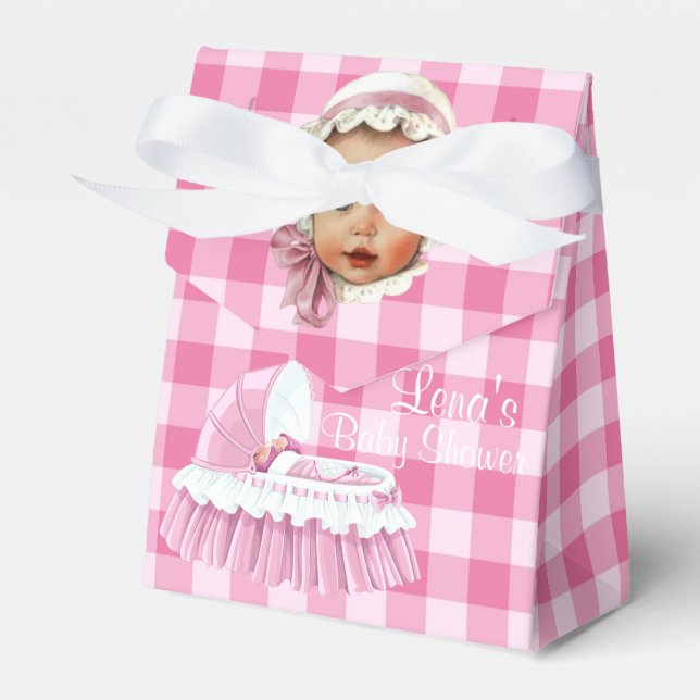 Caja Para Regalos Pink Gingham Baby & Rufled Bassinet Favxes (Front Side)