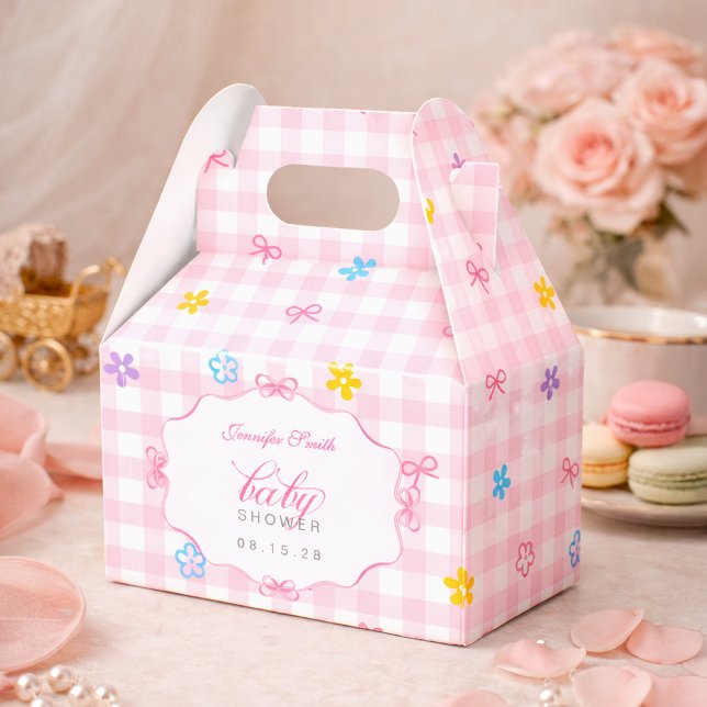 Caja Para Regalos Pink Gingham Floral Bow Baby Shower Favor Boxes (Subido por el creador)