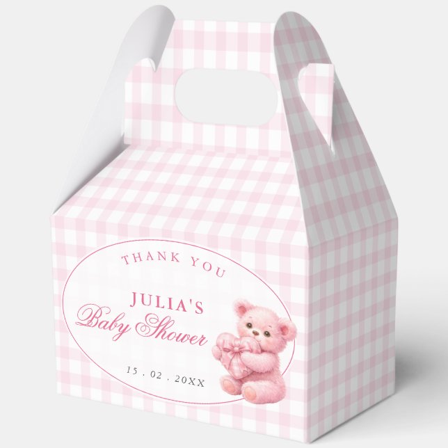 Caja Para Regalos Pink Gingham Teddy Bear Neutral Baby Shower (Anverso)