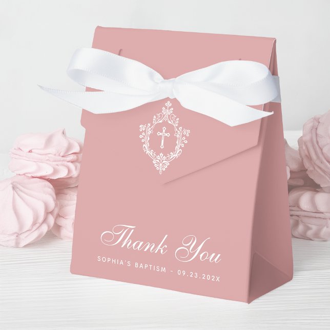 Caja Para Regalos Pink Girl Baptism Cross & Crest Elegant Dusty Rose (Subido por el creador)