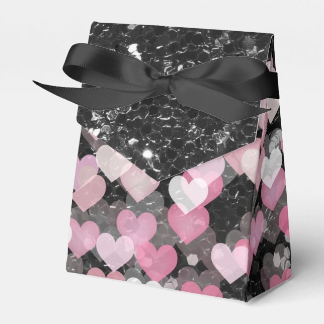 Caja Para Regalos Pink Hearts Black Faux Purpurina Black Bow (Front Side)