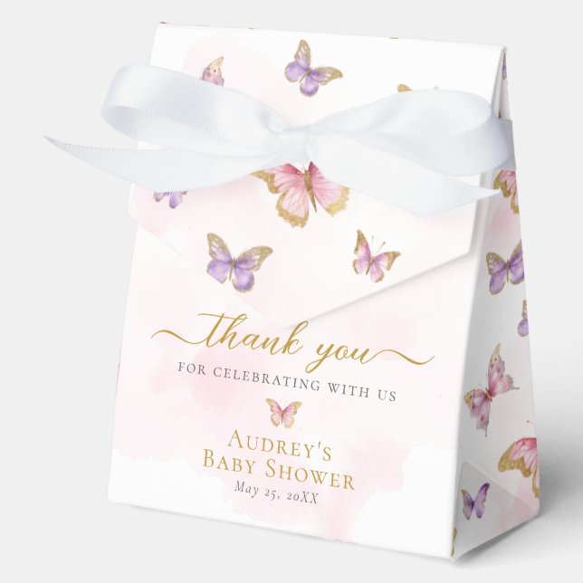 Caja Para Regalos Pink Purple Gold Butfly Baby Shower (Anverso)