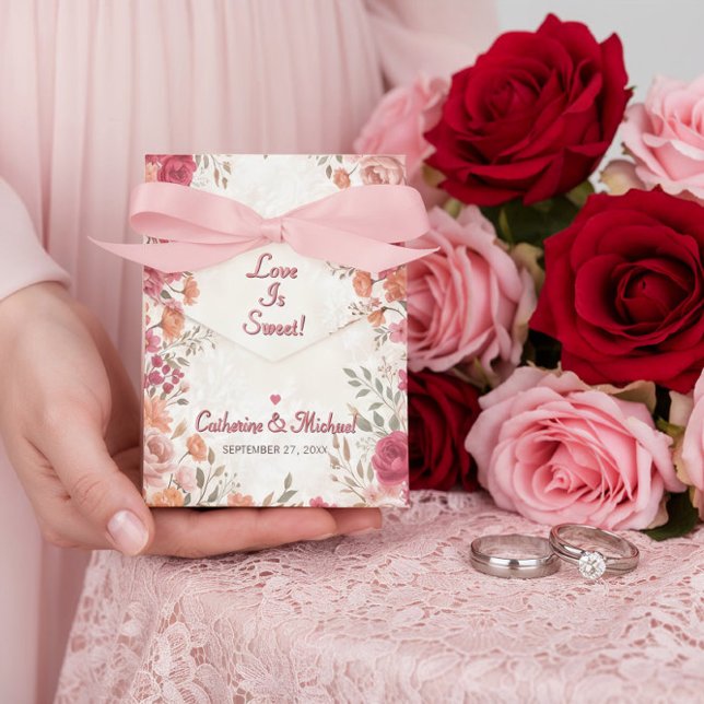 Caja Para Regalos Pink & Red Romantic Rose Spring Wedding  (Front view of pink red floral spring 'love is sweet' wedding favor box with pink ribbon.)