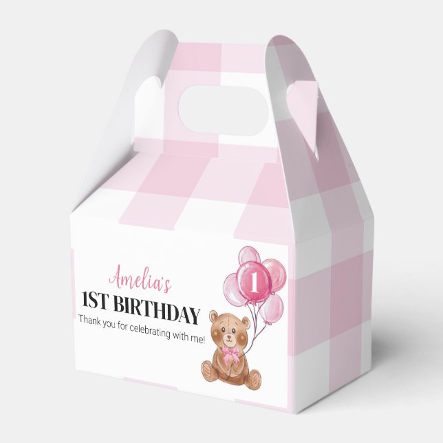 Caja Para Regalos Pink Teddy Bear First Birday Party Favbox (Front Side)