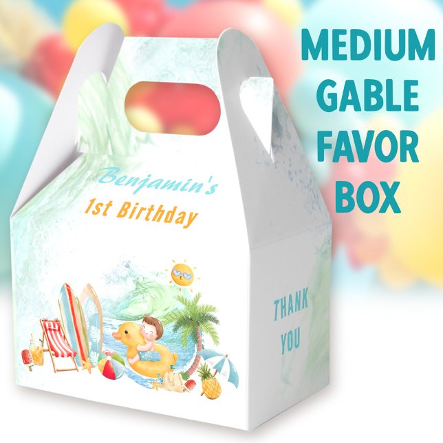 Caja Para Regalos Piscina de playa Fiesta verano primer niño de cump (Beach boy Medium Gable Favor Boxes - You can choose from 3 sizes of these gable favor boxes)