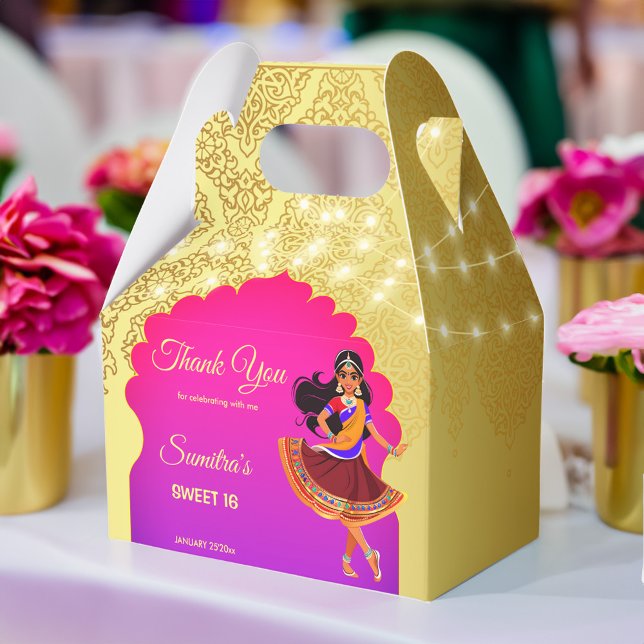 Caja Para Regalos Plantilla de la fiesta de cumpleaños de las niñas  (Indian Bollywood girls birthday party template Favor Box gold and pink cute cartoon caricature)