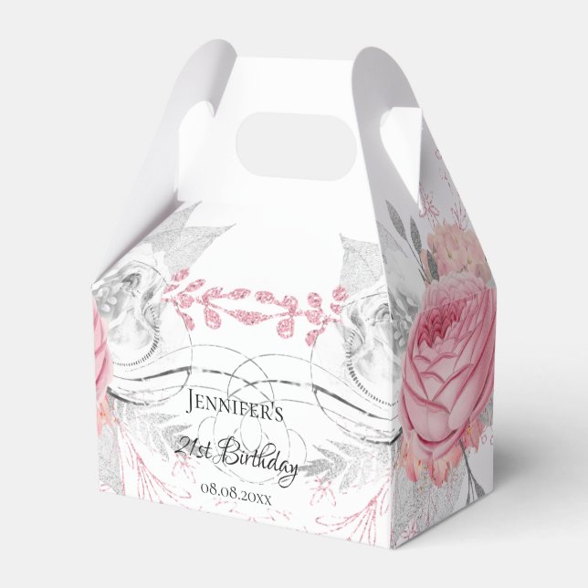 Caja Para Regalos Plata floral rosa de cumpleaños elegante (Front Side)