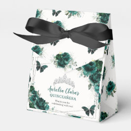 Caja Para Regalos Plata floral verde esmeralda Quinceañera Mariposa