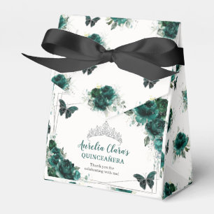 Caja Para Regalos Plata floral verde esmeralda Quinceañera Mariposa