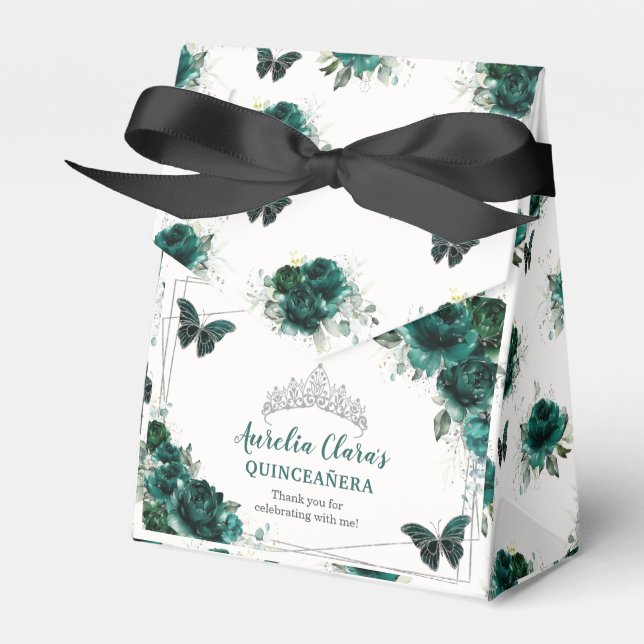 Caja Para Regalos Plata floral verde esmeralda Quinceañera Mariposa (Front Side)