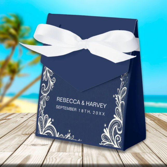 Caja Para Regalos playa náutica boda azul marino encaje blanco (nautical beach white lace navy blue wedding favor boxes)