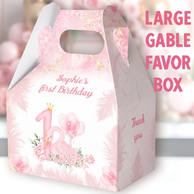 Caja Para Regalos Pluma floral de cisne rosa 1er cumpleaños Gran Hab (Swan large gable favor boxes. You can choose from 3 sizes of these gable favor boxes.)