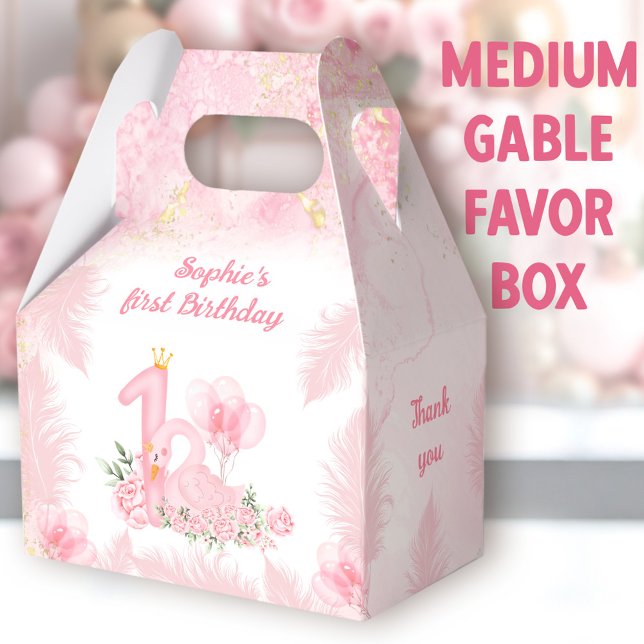 Caja Para Regalos Pluma floral de cisne rosa primer cumpleaños medio (Swan medium gable favor boxes. You can choose from 3 sizes of these gable favor boxes.)