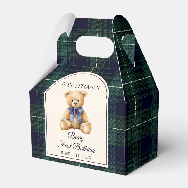 Caja Para Regalos Preppy Blue Bow Teddy Bear Tartan Birthday  (Front Side)