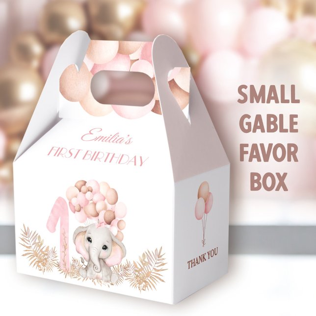Caja Para Regalos Primer Chica Elefante Balón Rosa Pequeño (Pink Elephant Small Gable Favor Boxes - You can choose from 3 sizes of these gable favor boxes)