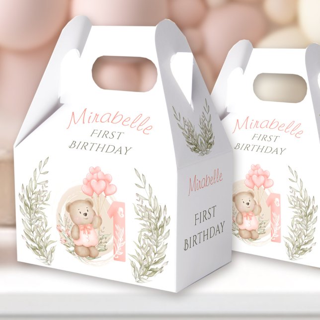 Caja Para Regalos Primer cumpleaños Cute Teddy Bear Heart Balloons (First Birthday Cute Teddy Bear Heart Balloons Favor Boxes)