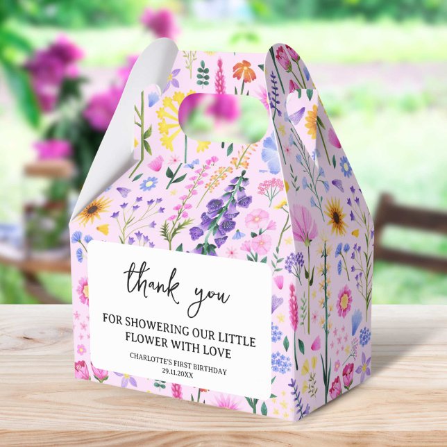 Caja Para Regalos Primer cumpleaños del Chica de Flor Silvestre Prim (Pink Spring Wildflower Girl's First Birthday Favor Boxes)