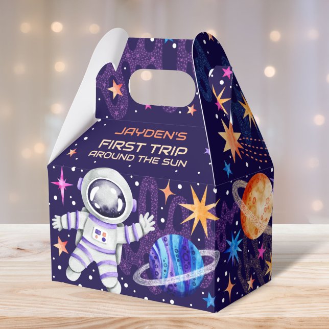 Caja Para Regalos Primer viaje alrededor del cohete astronauta Sun (First Trip Around the Sun Astronaut Rocket Ship Favor Boxes)