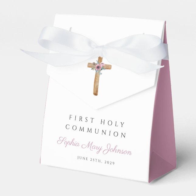 Caja Para Regalos Primera Comunión del Chica de la Cruz Rosa Floral (Front Side)