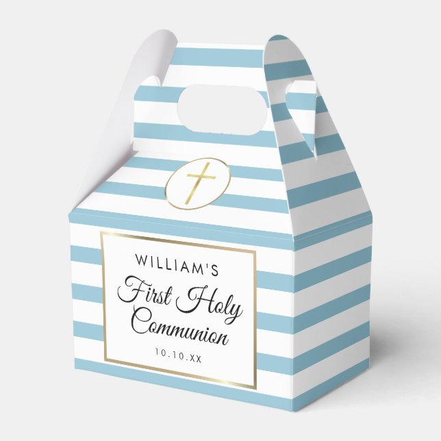 Caja Para Regalos Primera Comunión Franja Azul Fresca Dorada (Front Side)