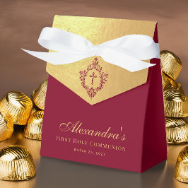 Caja Para Regalos Primera Comunión Niña Cresta Borgoña Falso Oro 