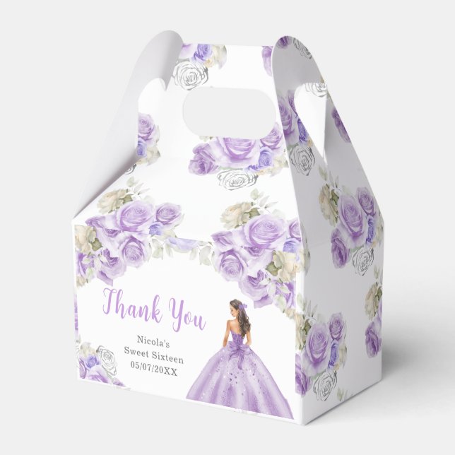 Caja Para Regalos Princesa con vestido morado Dulce Dieciséis gracia (Reverso)