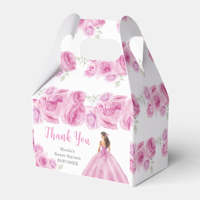 Caja Para Regalos Princesa con vestido rosa dulce Dieciséis gracias (Reverso)